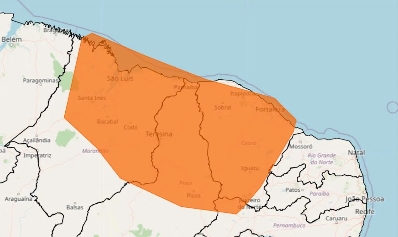 a imagem mostra as área em alerta laranja para chuva intensa e ventania